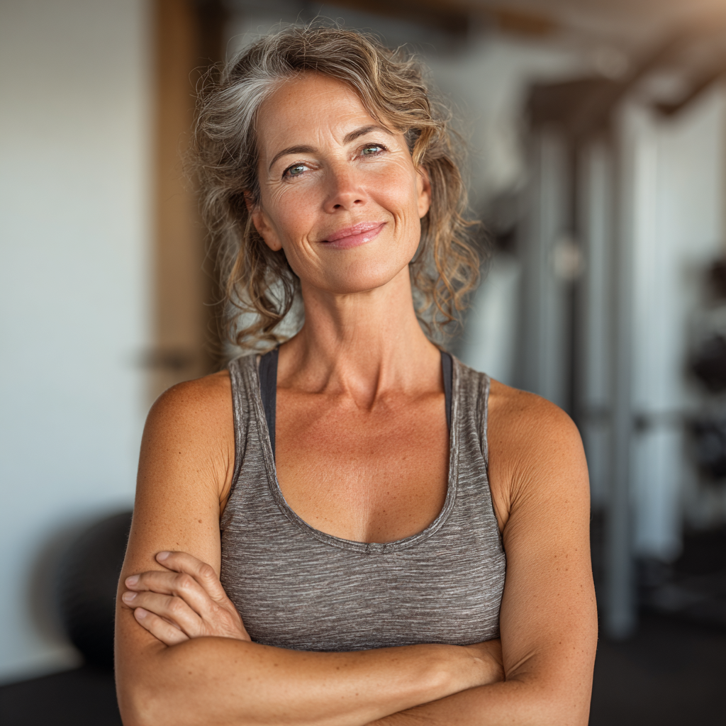 Happy mature woman in her 50s in comfortable fitness attire, smiling confidently after completing a workout session in a bright fitness studio