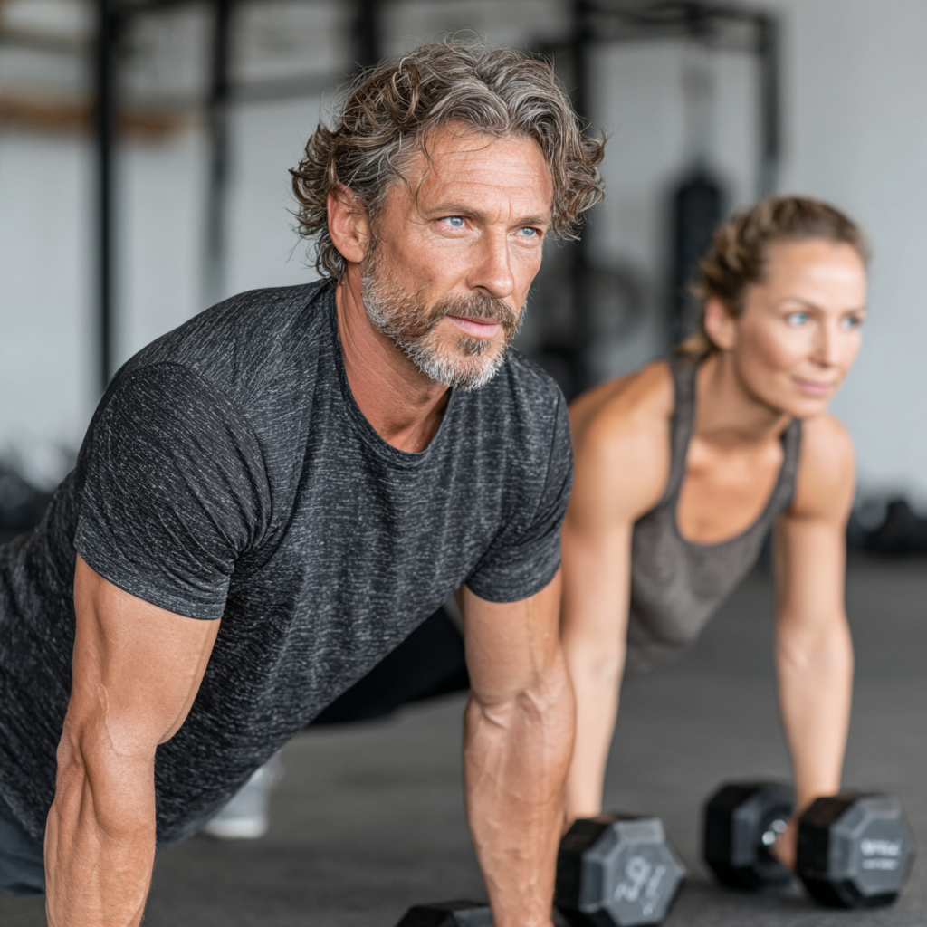Mature adults aged 40-55 performing functional fitness exercises with dumbbells in a modern gym setting, showing proper form and focused concentration