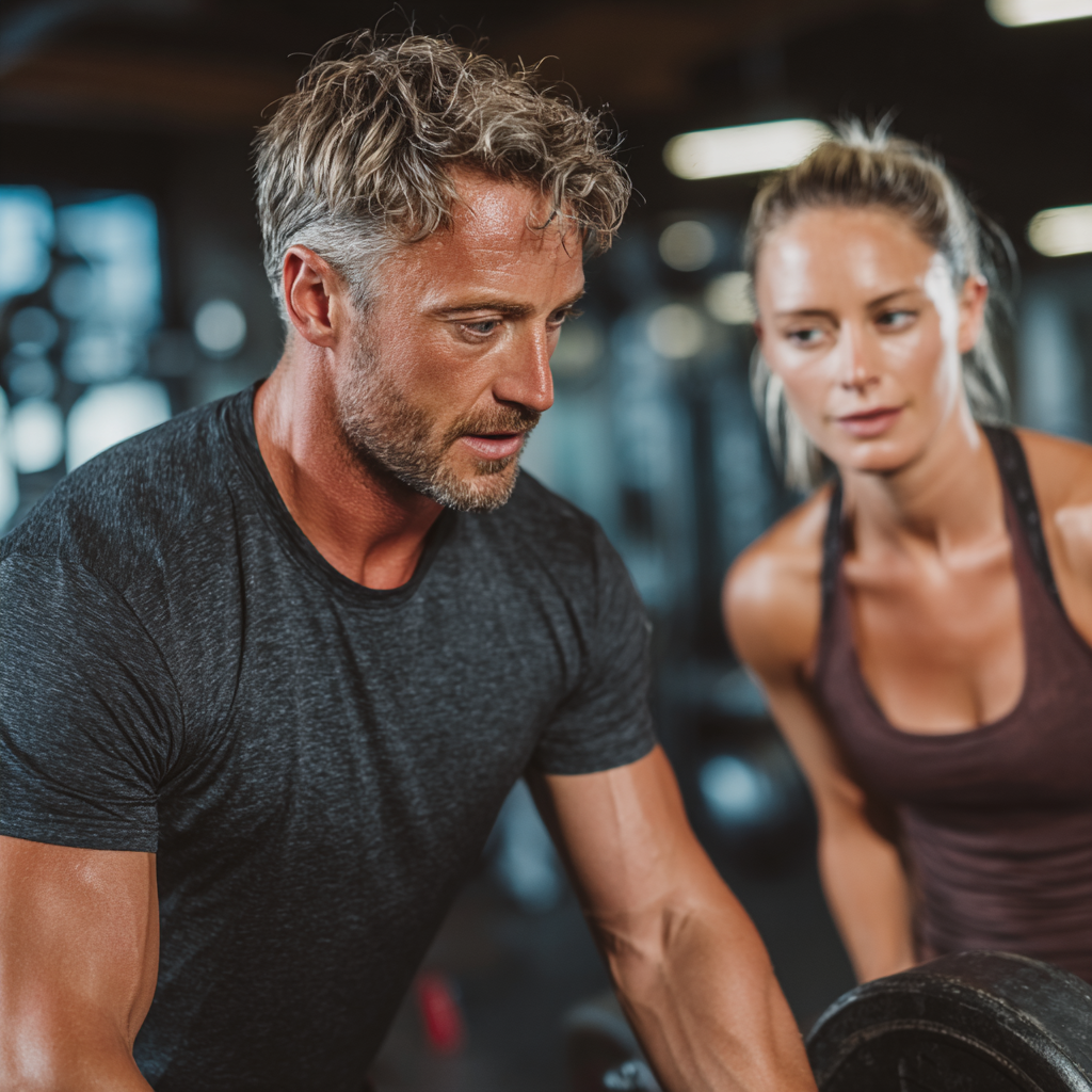 Professional fitness trainer in their 40s demonstrating proper exercise technique to a mature adult client in a well-equipped fitness studio